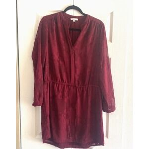Katherine Barclay Burnout Floral Mini Dress Womens Size 10 Burgundy Long Sleeve